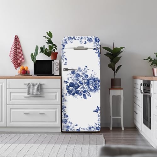Alwayspon 56x163cm Self-Adhesive White Blue Floral Vinyl Fridge Wrap, Peel and Stick Fridge Stickers Covers Skins, Removable Refrigerator Mural Decal for Kitchen Home Decor