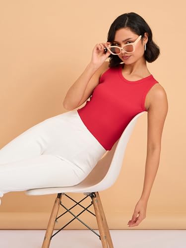 Image of barcino Beige Ribbed Round Neck Tank Top