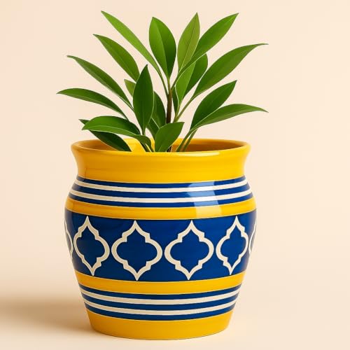 Image of Niyara Designer Ceramic planters pots for Indoor Outdoor Home, Garden Office Decor Balcony Planters Gamla Flower Size- Large, 8 inches (Moroccan Yellow & Blue)