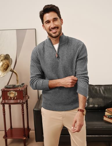Mens 1/4 Zip Pullover Sweater Soft Knit Sweater Twill Texture Sweaters for Winter Grey2