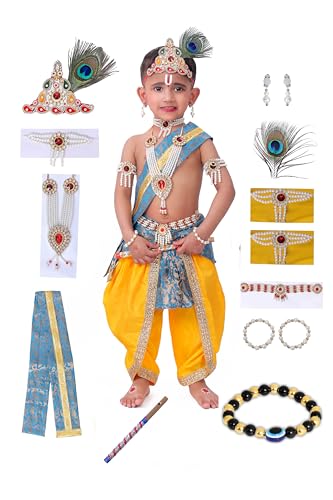 Image of Krishna Dress for Kids, Baby Krishna Dress for Janmashtami with Krishna Mukut, Peacock Feather & Flute Embroidered Krishna Costume for Girl & Boy, 3 Months-8 Years