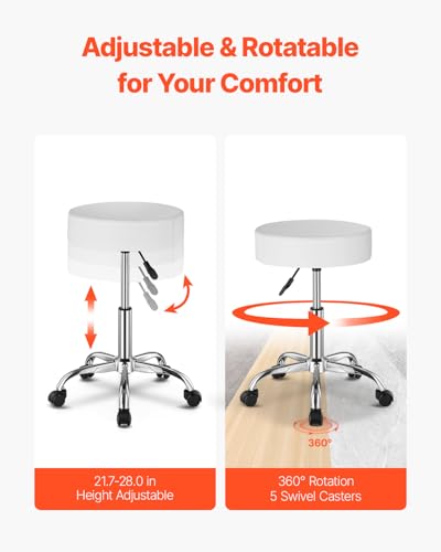 Image of VEVOR Rolling Stool with Wheels, 450 LBS Weight Capacity Round Rolling Stool Chair, Height Adjustable Thickened PU Leather Swivel Stool for Salon, Spa, Massage, Tattoo, Clinic, White