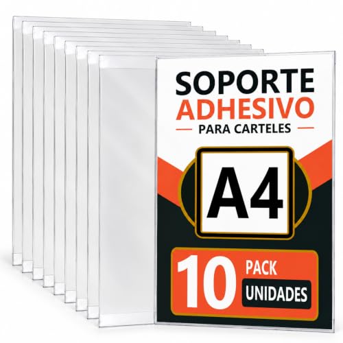 Roxpit Soporte Adhesivo A4 Transparente de Pared, Pack de 10 Unidades, Expositor Antirreflejos para Carteles, Horarios, Promociones, Menús y Señalización para Oficinas, Tiendas y Recepciones