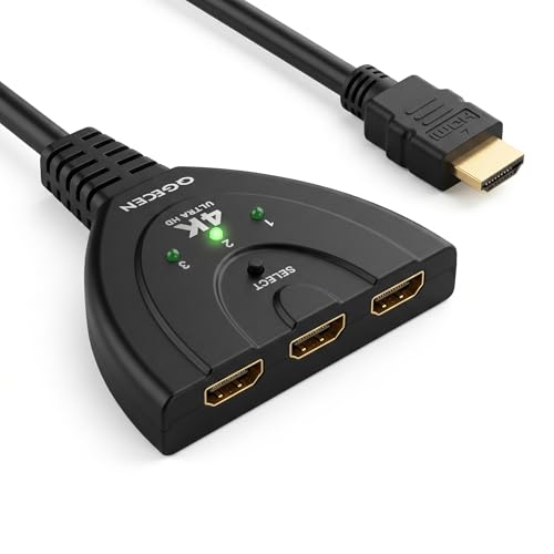 QGECEN Multiprise HDMI Switch 3 Ports Commutateur HDMI Sélecteur Splitter, 3 Entrées à 1 Sortie Switcher pour TV, PC, projecteur, Chromecast, Android Box, ROKU, Blu-Ray, Fire Stick, Support 1080P/4K