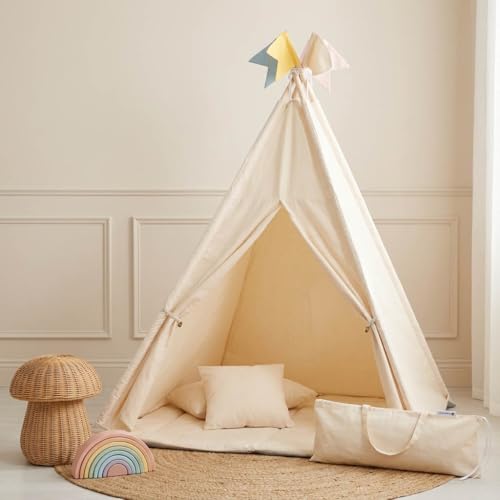 Nachtwaechter Tipi Zelt für Kinder I Kinderzelt Indoor mit 2 Kissen, Fenster & Vorhängen I Tipi Kinderzelt Indoor aus Baumwolle & Holz - Ideal im Kinderzimmer, bei Geburtstagen oder unterwegs