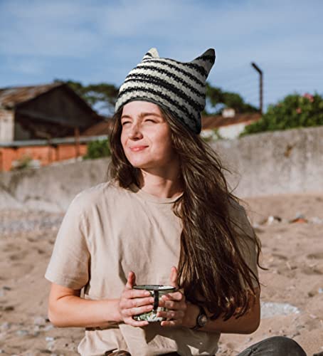 Women Striped Beanie Hat With Little Devil Horn Winter Warm Cap Cute Cat Ears Knitted Hat Fall (Black And White) #TOP1
