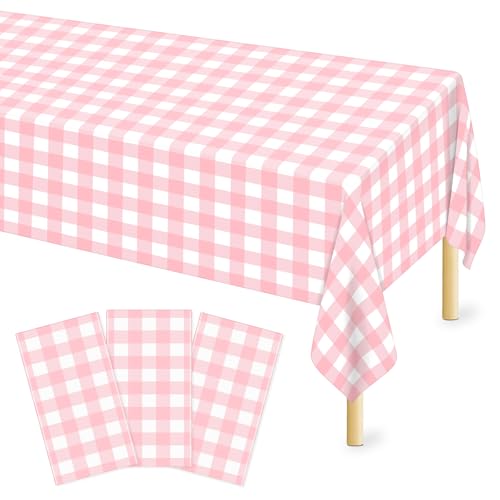 Image of Mulbozy 3 Pcs Pink Gingham Tablecloth Plastic 54 x 108 Inches