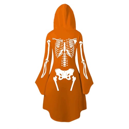 XINGJIAARTS Halloween Dresses for Women Long Sleeve Hooded Witch Dress Skeleton Gothic Funny Cosplay Party Y2k Costume 2026 Orange Small - image 4