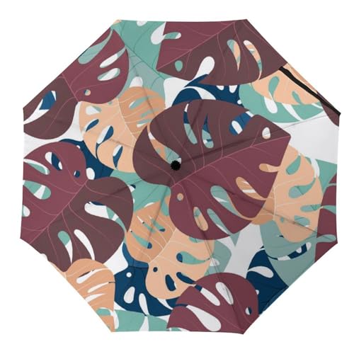 Parapluie pliant automatique compact avec motif feuilles et fleurs pour homme et femme