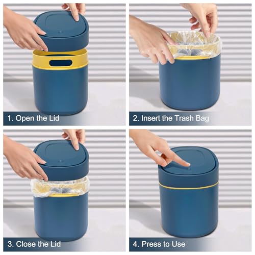Image of Soddeph Plastic Mini Trash Can with Lid,Small Desktop Waste Bin for Bathroom, Office, or Kitchen,Pop-Up Countertop Wastebasket for Counter, Vanity, or Coffee Table (Blue)