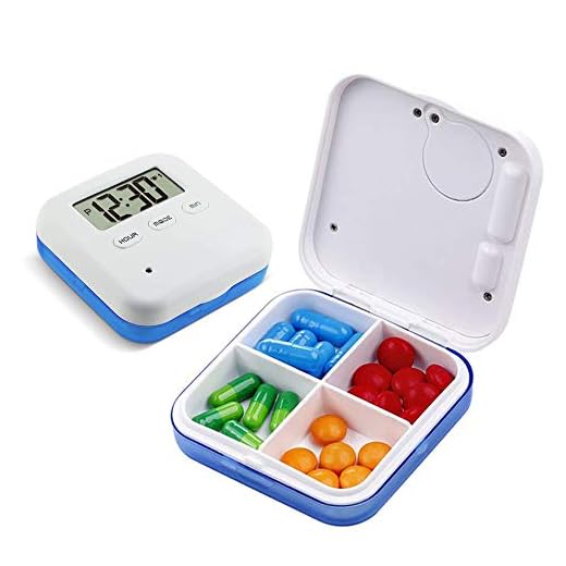 Hangang - Pastillero de alarma inteligente con 4 cajas dispensadoras, recordatorio de vibración,vitaminas/píldoras diarias, recordatorio de medicinas, caja con pantalla digital(Azul)