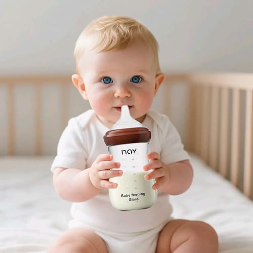 Image of yanyoyo Natural Glass Baby Bottle for Breastfeeding Babies, 8oz Anti-Colic Baby Bottle with Natural Response Nipple(M), Clear, Wide Neck, 2 Pack, 3 Months+