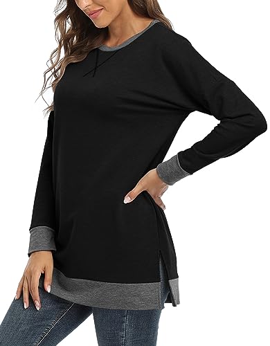 BETTE BOUTIK Women's Drop Long Sleeve Sweatshirts Casual Crewneck Tunic Tops Sweartshirts With Side Slits S-3XL