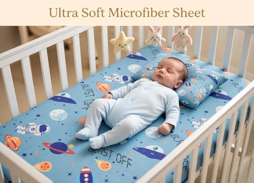 Image of Everyday Kids 2 Pack Fitted Boys Crib Sheet, 100% Soft Breathable Microfiber Baby Sheet, Fits Standard Size Crib Mattress 28in x 52in, Nursery Sheet - Space /White