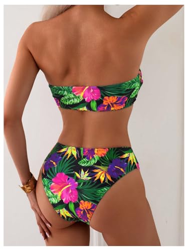 GORGLITTER Women's Strapless Bandeau Bikini Floral Tropical High Waisted Full Coverage Bathing Suits Swimsuit3