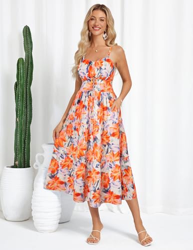GRACE KARIN Women's Summer Floral Dress 2025 Spaghetti Strap Smocked Tiered Casual Boho Maxi Long Sundress with Pockets3