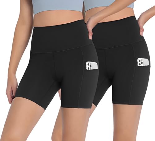 Seitop Paquete de 2 pantalones cortos de yoga de cintura alta para mujer, pantalones cortos de ciclista, gimnasio, atletismo, entrenamiento, correr, con bolsillos, Negro -, XL
