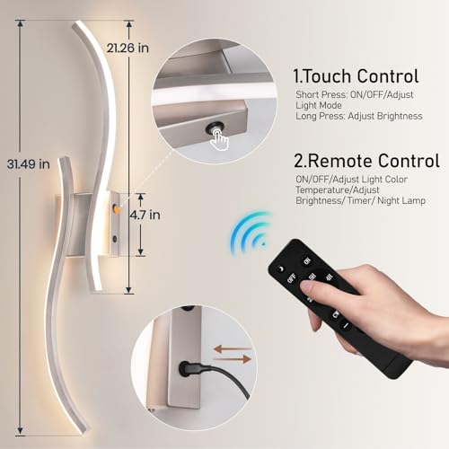 Image of Battery Operated Wall Sconces Set of 2, Rechargeable Dimmable Battery Wall Light with Remote Control, Brushed Nickel LED Wireless Wall Light for Living Room Bedroom Hallway，31.5inch (Brushed Nickel)