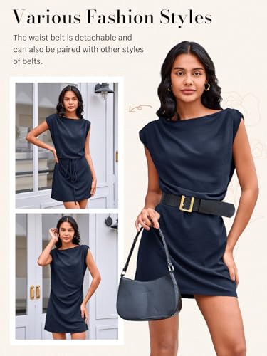 Image of Wenrine Womens 2026 Summer Mini Dress Casual Sleeveless Tie Waist Loose Ruched Beach Vacation Short Sundresses