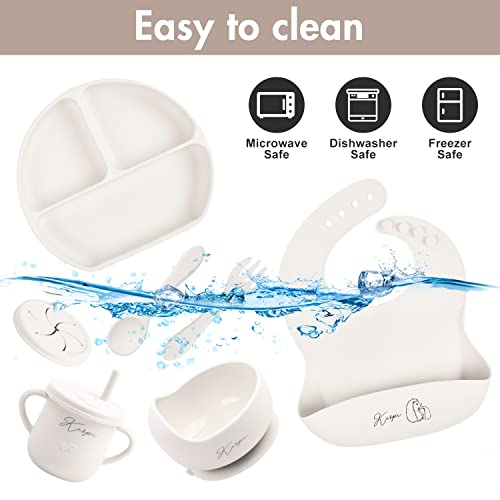 Baby Led Weaning Supplies - Kirpi Baby Feeding Set - Silicone Suction Bowls, Divided Plates, Sippy And Snack Cup-Toddler Self Feeding Eating Utensils Set With Bibs, Spoons, Fork-6 Months (Grey White) #TOP4