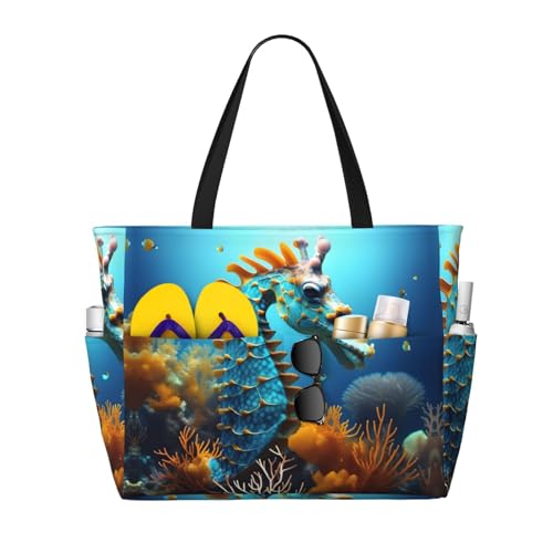 Blue Seahorse Large capacity beach bag with zipper, perfect for grocery bag pool gym travel shopping foldable beach travel bag,
