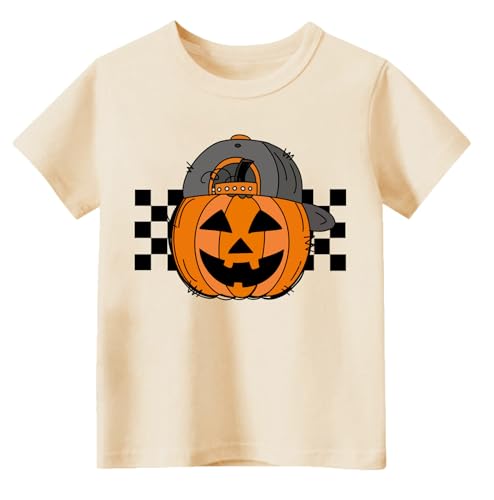 Sineeko Halloween Shirts for Toddler Boys Girls 100% Cotton Short Sleeve Crew Neck T Shirt Baseball Cap Jack O Lantern Pumpkin Tees Tops Beige 3T