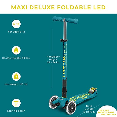 Micro Mobility Maxi micro Deluxe Foldable mit LED Rollen, H&ouml;henverstellbar, ab 5-10 Jahren in der Farbe Petrol, MMD097