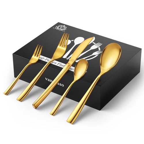 vancasso Goldenes Besteck Set 12 Personen Modern, 60-Teiliges Essbesteck Messer/Gabel/Löffel/Dessertgabel/Kaffeelöffel,18/10 Edelstahl Besteckset...