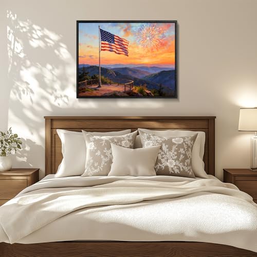 Image of American Flag Framed Canvas Wall Art, 4th of July Fireworks Canvas Prints, USA Flag with Ocean Sunset Landscape Patriotic Decorations, Independence Day Wall Decor for Bedroom Living Room 20x24