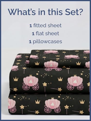 Image of Kids Twin Size Princess Carriage Bed Sheets - 3 Piece Kids Sheet Set | Princess Carriage Themed Bedding, Ultra-Soft, Cute & Cozy, Breathable & Machine Washable, Bed Set for Boys, Girls & Teens