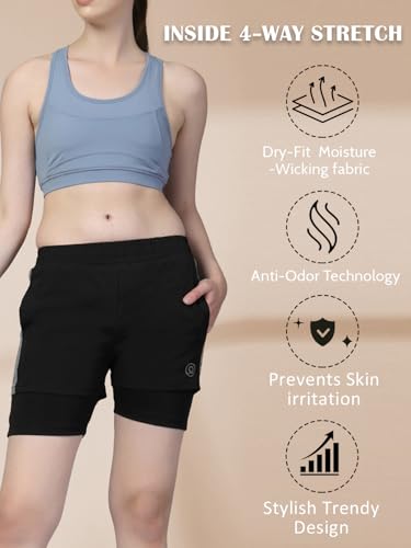 Image of CHKOKKO Gym Shorts for Women Workout Sports Running Quick Dry Fit Double Layer Inner Compression with Pockets Breathable Lightweight Wear