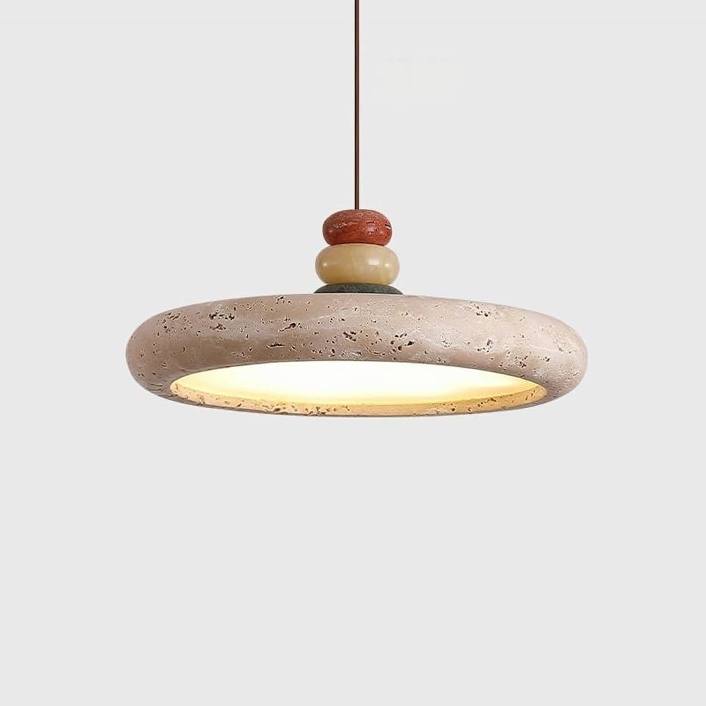 HUAYUSEDF Vintage Natural Stone Pendant Light Fixture Modern Nordic Wood Farmhouse Hanging Lamp Mid Century Yellow Travertine Round Kitchen Chandelier for Bedroom Living Room Dining