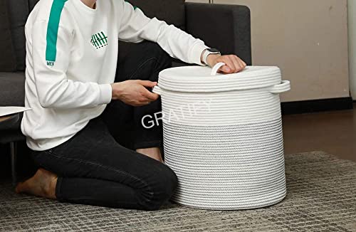 Image of GRATIFY Mansa Traders 12 inch x 12 inch x 14 inch Large Storage Basket with Lid, Cotton Rope Storage Baskets, Laundry Hamper, Blankets Pillows Storage in Living Room Baby Nursery, White&Black Stiches with Cover