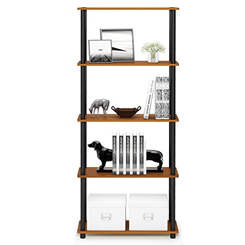 Furinno TURN-N-TUBE Storage Shelves, 5-Tier Book Shelf, Corner Shelf, Toolless Open Shelves, for Organization and Storage, Living Room, Garage, Home Office, Light Cherry