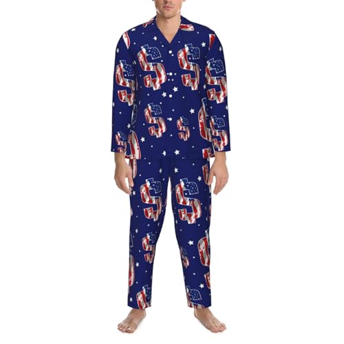 Dollar With Flag America Mens Pajamas Set Button Down Sleepwear Set Long Sleeve Loungewear With Pockets