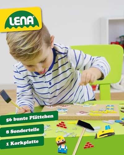 Lena 65828 Hammerspiel, Nagelspiel mit 64 bunten 8 Baustellen Teilen, Grundplatte aus Kork ca. 28 x 19,5 cm, Hammer und Nägel, Klopfspiel für Kinder ab 3 Jahre, Hämmerchenspiel, Mehrfarbig