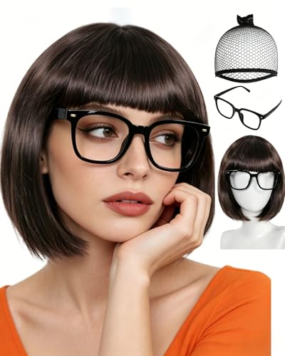 Image of ANOGOL Brown Bob Wig with Bangs Short Anime Wigs Dark Brown Wig for Women | Hair Cap+ (Glasses) Short Bob Wigs Straight Party Outfit Fun Hair Women for Halloween Costume Bachelorette Cosplay Daily