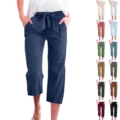Capri Pants for Women Tie High Waisted Wide Leg Cropped Linen Pants Casual Flowy Boho Beach Palazzo Pant with Pockets