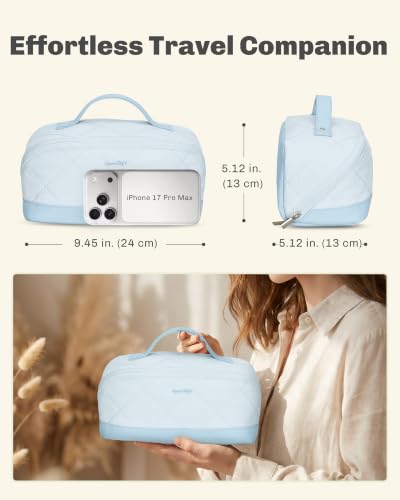 Image of Hynes Eagle Travel Makeup Bag for Women Puffy Cosmetic Organizer Pouch Open Flat Toiletry Bag for Toiletries Brushes Structured Base Light Blue
