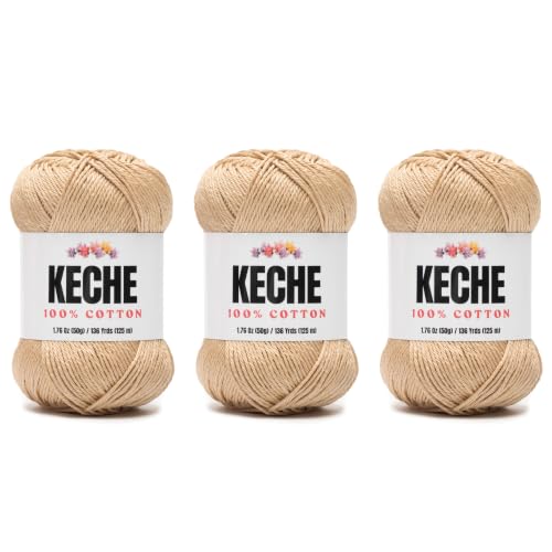 Image of Cotton Yarn - 100% Cotton Yarn for Crocheting and Knitting, Mercerized Cotton Amigurumi Yarn Fine-Sport 2 1.76 oz (50g) / 136 Yrds (125 m) 3 Skeins - Light Camel