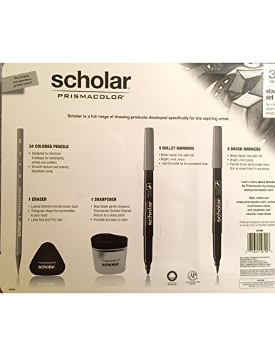 36 Pieces Scholar Prismacolor Colored Pencils, Eraser, Sharpener, Bullet Markers, Brush Markers