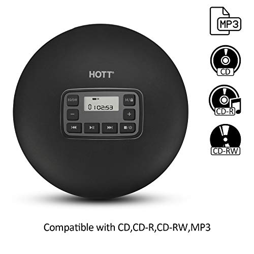 HOTT CD204 Portable CD Player, Personal Compact CD Player with Headphones, Anti-Skip/Shockproof for Home Travel and Car, Small Music CD Walkman with LCD Display for Adults Students Kids-Black
