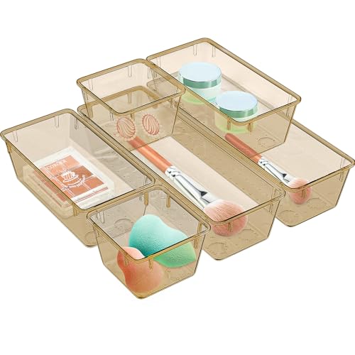 Image of WOWBOX 6 Pack Clear Drawer Organizer Set, Acrylic Drawer Storage Trays, Storage Bins for Makeup, Cosmetics, Jewelries, Utensils, Gadgets, Office, Champagne