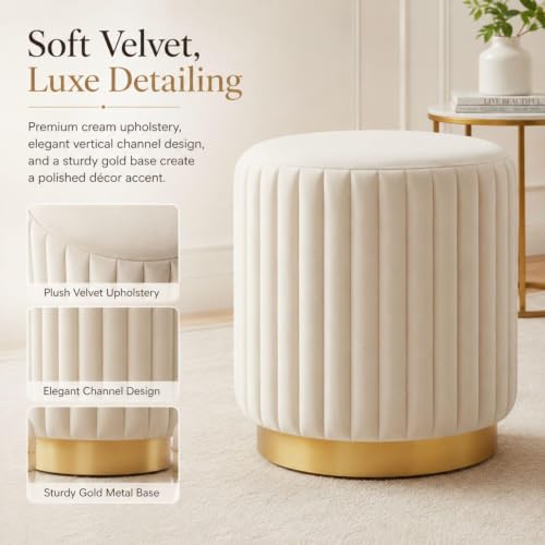 Image of Designer Velvet Round Footstool Ottoman with Sturdy Gold Metal Band Base for Home Decor & Extra Seating, Lightweight Pouf Stool for Sofa Side & Bedroom, 16x16x17 Inch (Cream)