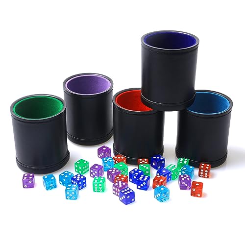 RERIVER 5 Pack PU Leather Dice Cups Velvet Felt-Lined Shaker Cups with 30 Dot Dice for Bar Party Yahtzee Farkle Dice Games