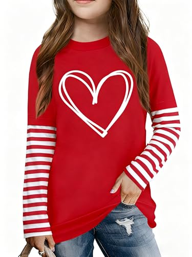 Image of LAZYCHILD Kids Valentine Shirt Girls Valentines Day Shirts Heart Graphic Long Sleeve Striped Tee Tops 5-14 Years