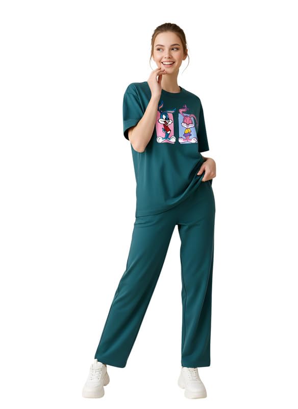 Image of My Swag Women Casual Nightwear Co-Ord Set | Soft Cotton T-Shirt & Pajama with Cartoon Print | Home Wear & Sleep Wear for Ladies