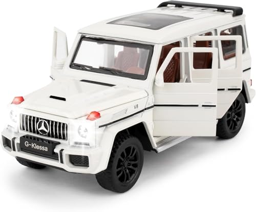 Image of 1:32 Scale Car Model Compatible Collectible Benz G63 AMG Diecast Toy Vehicle, Zinc Alloy Pull Back Toy Car with Sound and Light for Adults, Boys, and Girls (White)