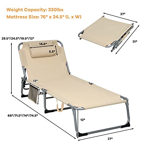 Gymax Lounge Chair For Outside, 27” Oversize Beach Chaise Lounge With Removable Cushion & Adjustable Backrest, Headrest & Carry Strap, Tri-Fold Beach Layout Tanning Chair For Patio, Poolside(1, Beige) #TOP2