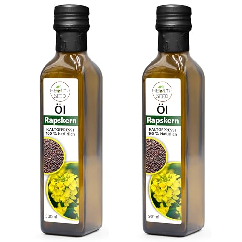 Health Seed® 2 x 500 / 1000 ml – Aceite de semilla de colza sin filtrar – Botella de cristal 100% puro prensado en frío – Fresco del fabricante